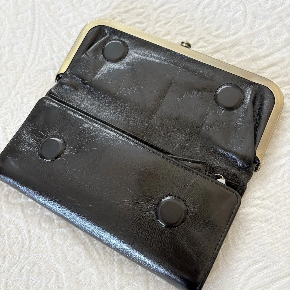 Hobo Rachel Continental Wallet, Polished Black Leather